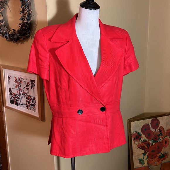 Linda Allan's ELLEN TRACY Size 14 Linen Blazer Textured monochromatic tomato red - Picture 1 of 16